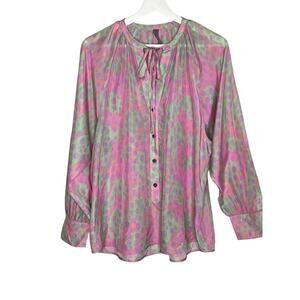 Raquel Allegra Silk Spotted Popover Long Sleeve Shirt Pink/Green Women's 1 / S